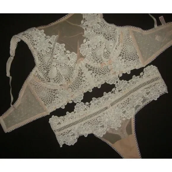 Victoria's Secret 34D BRA SET+36C CORSET+Thong BEIGE white embroidered APPLIQUE